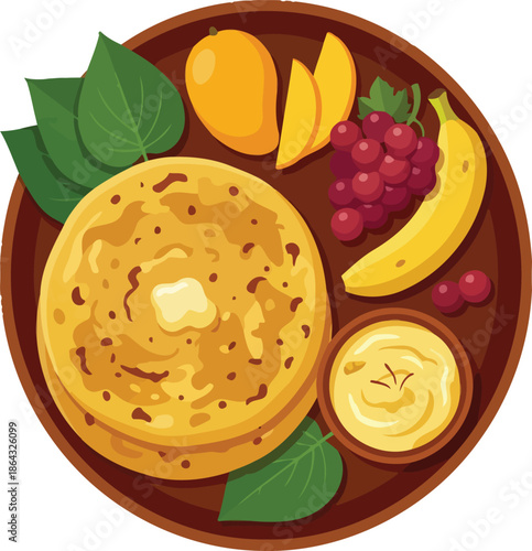 Traditional indian sweet food platter with puran poli flatbread mango shrikhand and fresh fruits served on brown plate for maharashtrian gudi padwa festival meal.