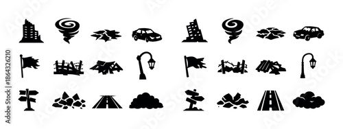 Silhouette icons of natural disasters and urban elements