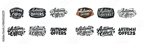 Collection of autumn offers logos with hand-drawn typography and seasonal design elements