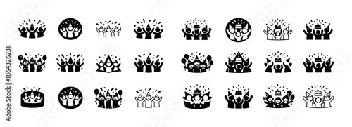 Collection of 24 black and white celebration icons featuring party hats and confetti