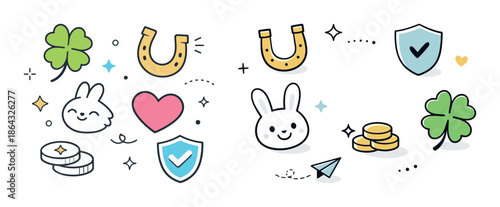 Cute bunny illustrations with good luck symbols and hearts