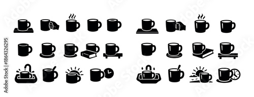 Set of coffee cup icons in various states and activities with accessories