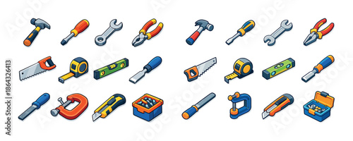 Colorful cartoon tool icons set featuring hammers saws and wrenches