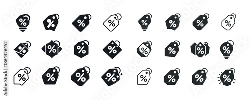 Various percentage discount symbols on tags in minimalist black and white icon set
