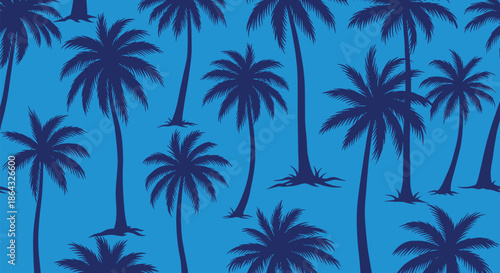 Seamless pattern of dark blue palm tree silhouettes on a light blue background creating a tropical and coastal atmosphere.
