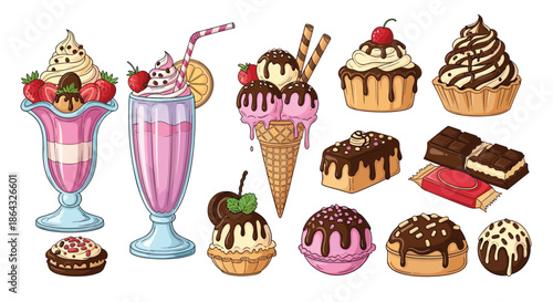 Vibrant collection of dessert illustrations including ice cream sundaes milkshakes cupcakes and chocolate bars for cafe menus.