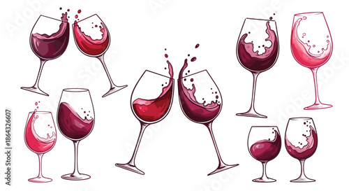 Dynamic set of illustrations showing red wine swirling and splashing in elegant crystal glasses on a clean white background.