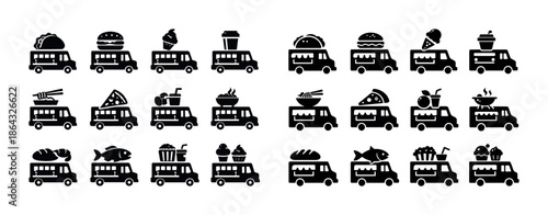 Food truck icons: burgers, ice cream, pizza, noodles, tacos, fish