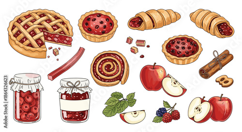 Sweet treats and autumn harvest collection with berry pies jam jars apple slices and cinnamon sticks for warm kitchen themes.