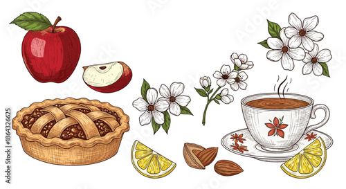 Autumn tea time illustration set with an apple pie teacup apple slices almonds and delicate floral blossoms on a white background.
