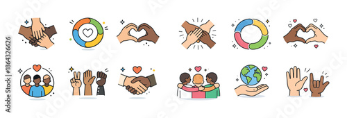 Diverse hands and symbols depicting unity, love, and global cooperation