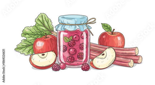 Still life illustration of a jar of mixed berry jam surrounded by fresh apples rhubarb stalks and ripe raspberries on white.