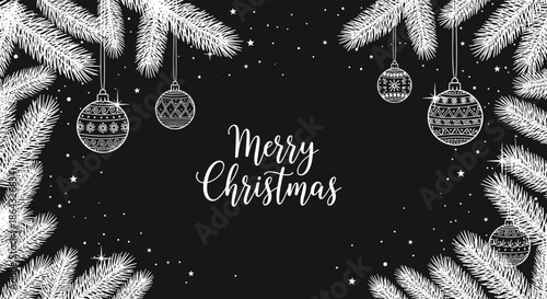 Elegant merry christmas greeting design with white pine branches and hanging decorative ornaments on a solid black background.