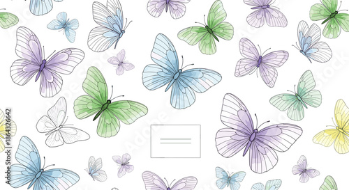 Delightful seamless pattern of colorful butterflies in pastel shades of purple blue and green over a clean white background.