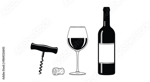 Sophisticated black silhouette set of a wine bottle a glass of red wine a corkscrew and a wine cork for vineyard branding.