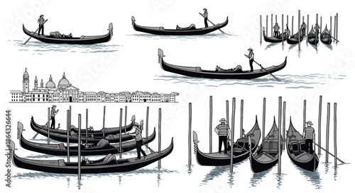 Scenic sketches of venetian gondolas on the water with gondoliers and a distant city skyline for travel and vacation themes.