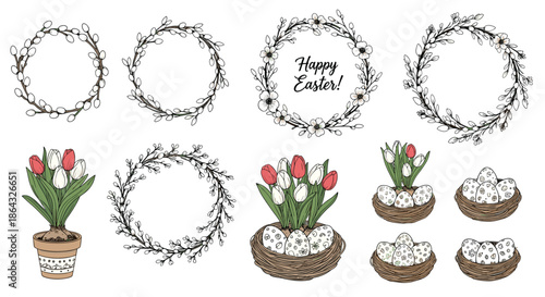 Charming collection of easter wreaths decorated with pussy willow and blossoms alongside potted tulips and nests with eggs.