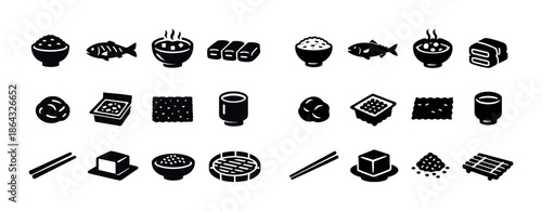 Assorted japanese food icons: sushi, rice, fish, noodles, chopsticks, perfect for design use