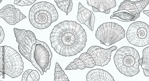 Intricate seamless pattern of diverse hand drawn seashells in various shapes and sizes for coastal and marine themed backgrounds.