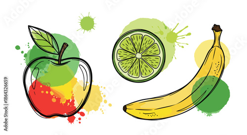 Colorful illustration of an apple a lime slice and a banana with abstract watercolor blotches for a modern fruit theme design.