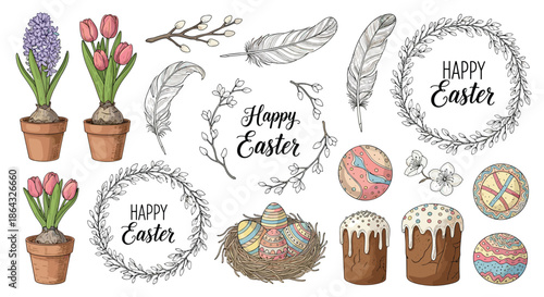 Extensive easter illustration collection with potted hyacinths tulips nests with eggs festive wreaths and traditional bread.