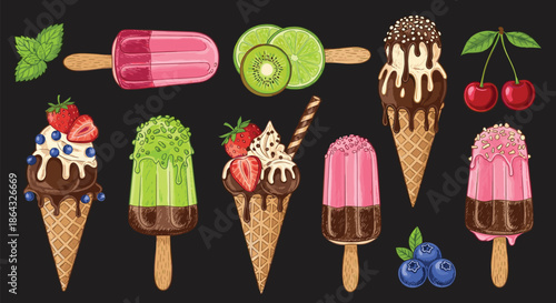 Gourmet assortment of ice cream sundaes and popsicles on a dark background featuring chocolate fruit and berry toppings.
