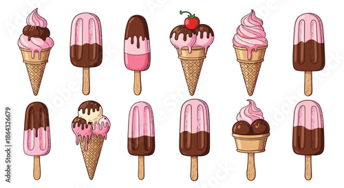 Array of assorted ice cream treats including waffle cones and chocolate dipped popsicles in pink and chocolate flavors.