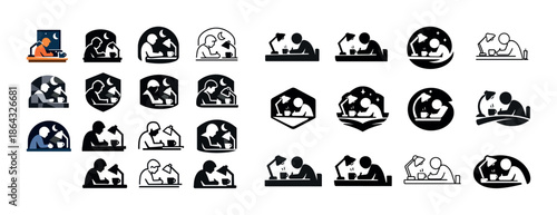 Icon set of people studying at desk under lamp