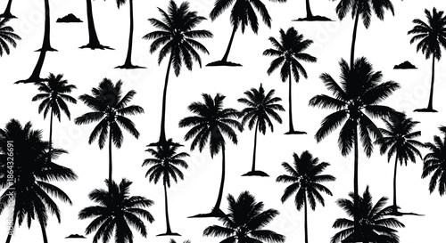 Seamless pattern of black palm tree silhouettes on a white background creating a clean and minimalist tropical aesthetic.
