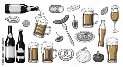 Oktoberfest themed collection of various beer glasses bottles grilled sausages pretzels and traditional harvest vegetables.