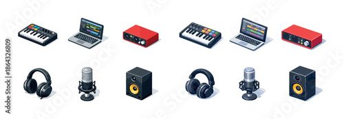 Music production equipment: keyboards, laptops, audio interfaces, headphones, and microphones
