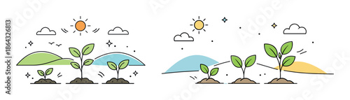 Growth stages of plants in minimalist landscape illustration