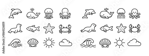 Set of simple sea life and marine symbols in black and white