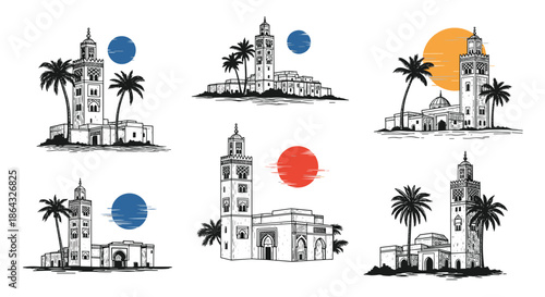 Collection of stylized sketches depicting traditional moroccan architecture with minarets palm trees and sun or moon symbols.
