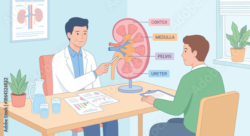 Male urologist doctor consulting patient in clinic office pointing at large anatomical kidney model to explain diagnosis and treatment plan for urinary system health.