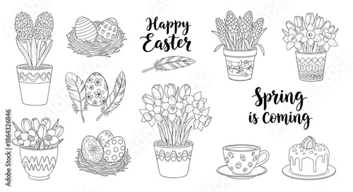 Charming collection of easter themed illustrations featuring decorated eggs in nests spring flowers cake and afternoon tea.