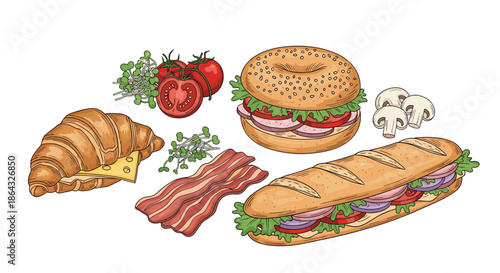 Selection of delicious sandwiches including a bagel burger baguette sub cheese croissant and crispy bacon strips.