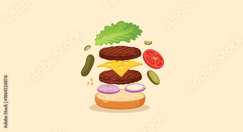 Exploded view of a delicious double cheeseburger showing layers of bun meat patties cheese lettuce tomato onion and pickles.