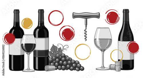 Wine themed collection featuring bottles full glasses dark grapes corks a corkscrew and decorative wine stain rings.
