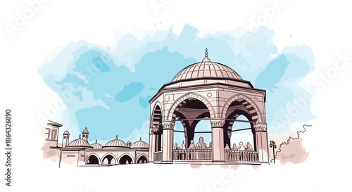 Artistic watercolor and line sketch of a traditional ottoman fountain or pavilion under a soft blue sky wash.