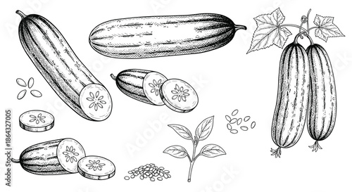 Detailed botanical sketches of whole and sliced cucumbers with leaves and seeds shown in a classic black and white hand drawn style on white.