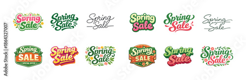 Colorful spring sale logos with floral elements and creative text designs
