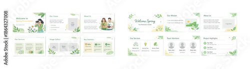 Spring-themed company presentation design with green leaf illustrations and diverse characters
