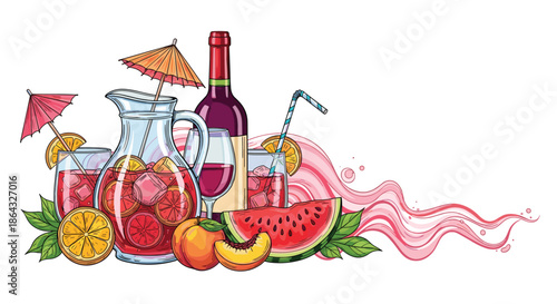 Refreshing fruit sangria composition with wine and citrus slices plus watermelon and peach in a vibrant hand drawn artistic illustration.