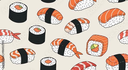 Colorful seamless pattern featuring various types of sushi like salmon nigiri and rolls spread across a neutral background for design.