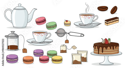 Extensive collection of tea and coffee set elements including teapots and cups with colorful macarons and a chocolate cake on white.
