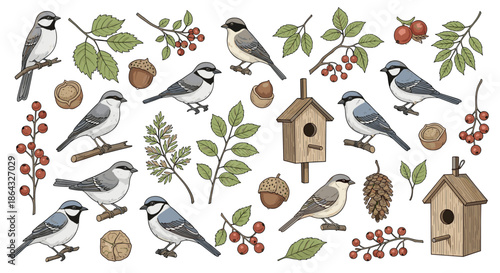 Charming garden scene collection featuring various small birds and wooden birdhouses with autumn leaves and berries on white background.