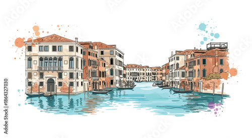 Artistic watercolor illustration of a famous Venice canal lined with historic buildings and gondolas floating on blue water in Italy.