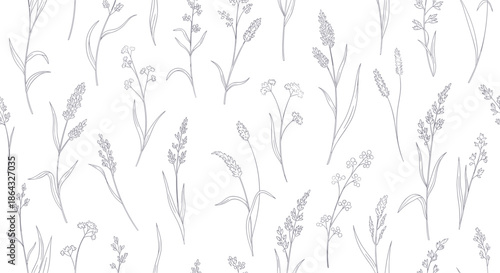 Seamless pattern background featuring delicate wildflower and grass sketches in a minimalist hand drawn style for fabric or wallpaper.