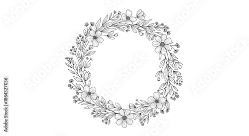 Simple and elegant floral wreath made of hand drawn wildflowers and leaves forming a perfect circle on a clean white background for cards.